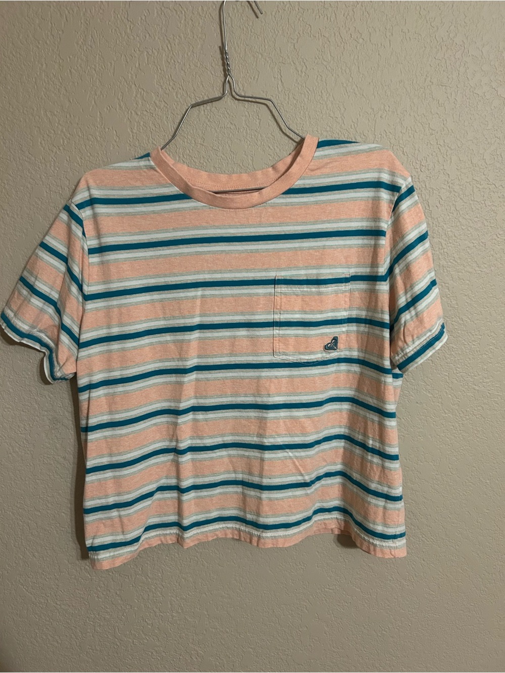 Roxy Peach, Teal & White Striped Pocket Tee